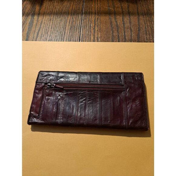 Vintage Eel Skin Burgundy Wallet Snap Closure Zip Compartments Card Slots - Picture 3 of 12